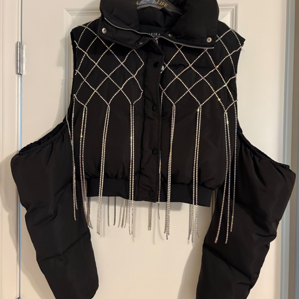 AKIRA Black Cold-Shoulder Puffer Coat With Iridescent Rhinestones Size M - Picture 16 of 16